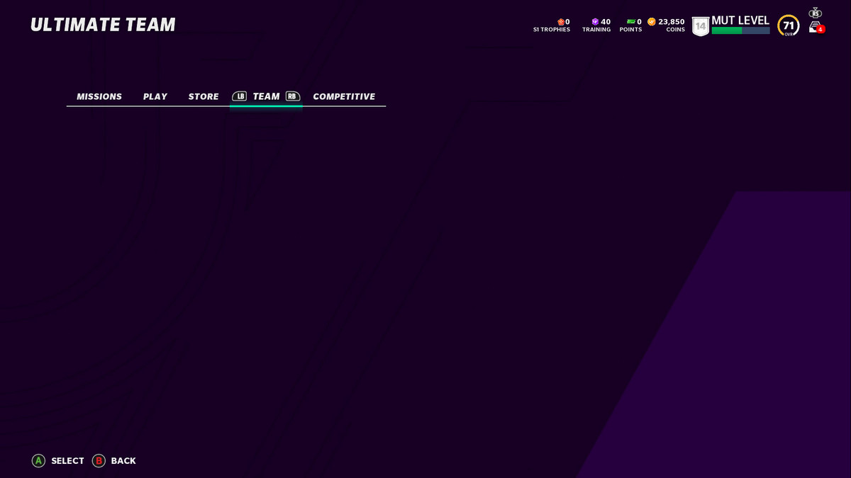 Un menu vuoto e glitch in Madden NFL 21 Ultimate Team