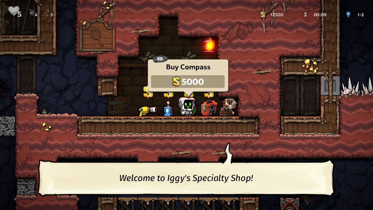In Spelunky 2, il nostro eroe considera l'acquisto di una bussola.