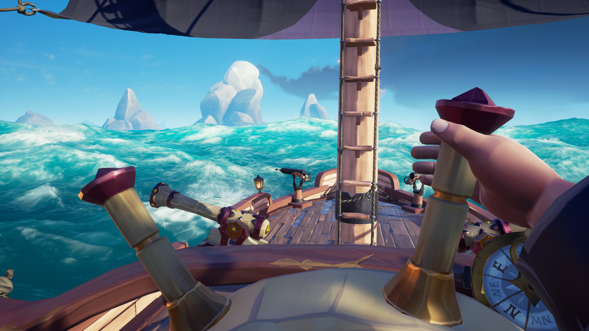 Sea of Thieves: un giocatore che usa la prospettiva in prima persona pilota uno sloop.