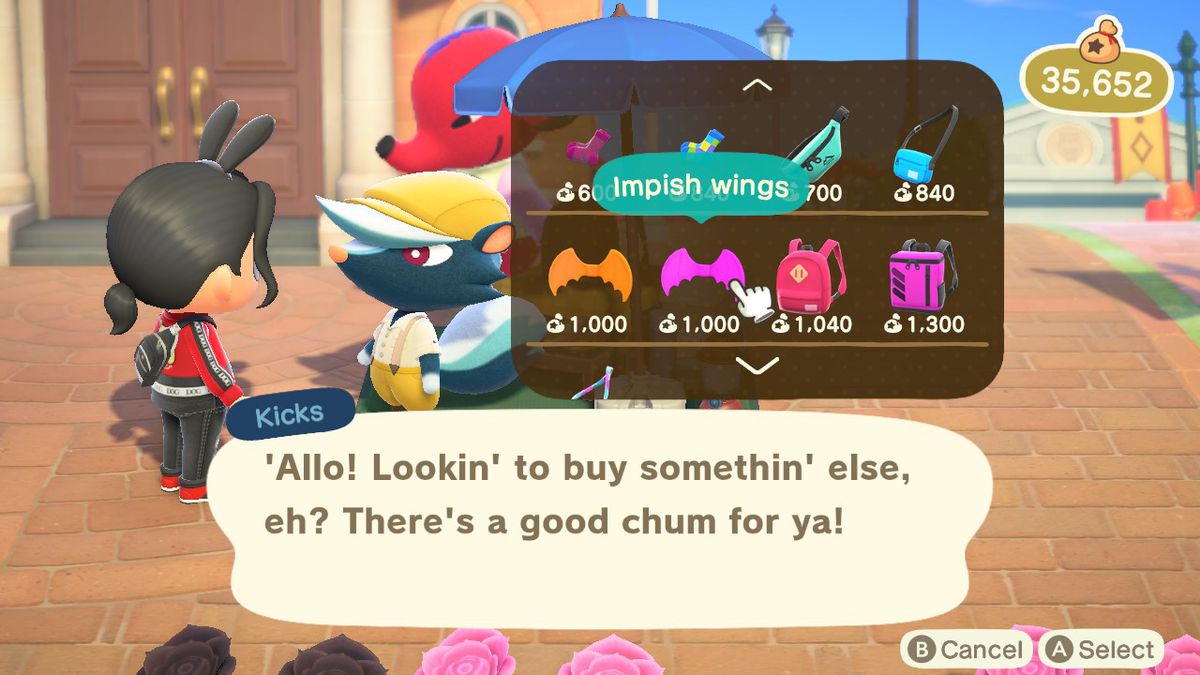 Un personaggio di Animal Crossing guarda le merci di Kicks, che includono Impish Wings