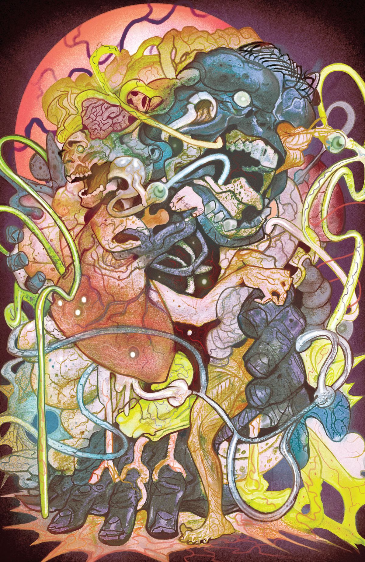 Bruce Banner si trasforma in Hulk in un bizzarro groviglio di organi, visceri e arti deformi e contorti di tutte le dimensioni e colori in Immortal Hulk: The Threshing Place, Marvel Comics (2020).