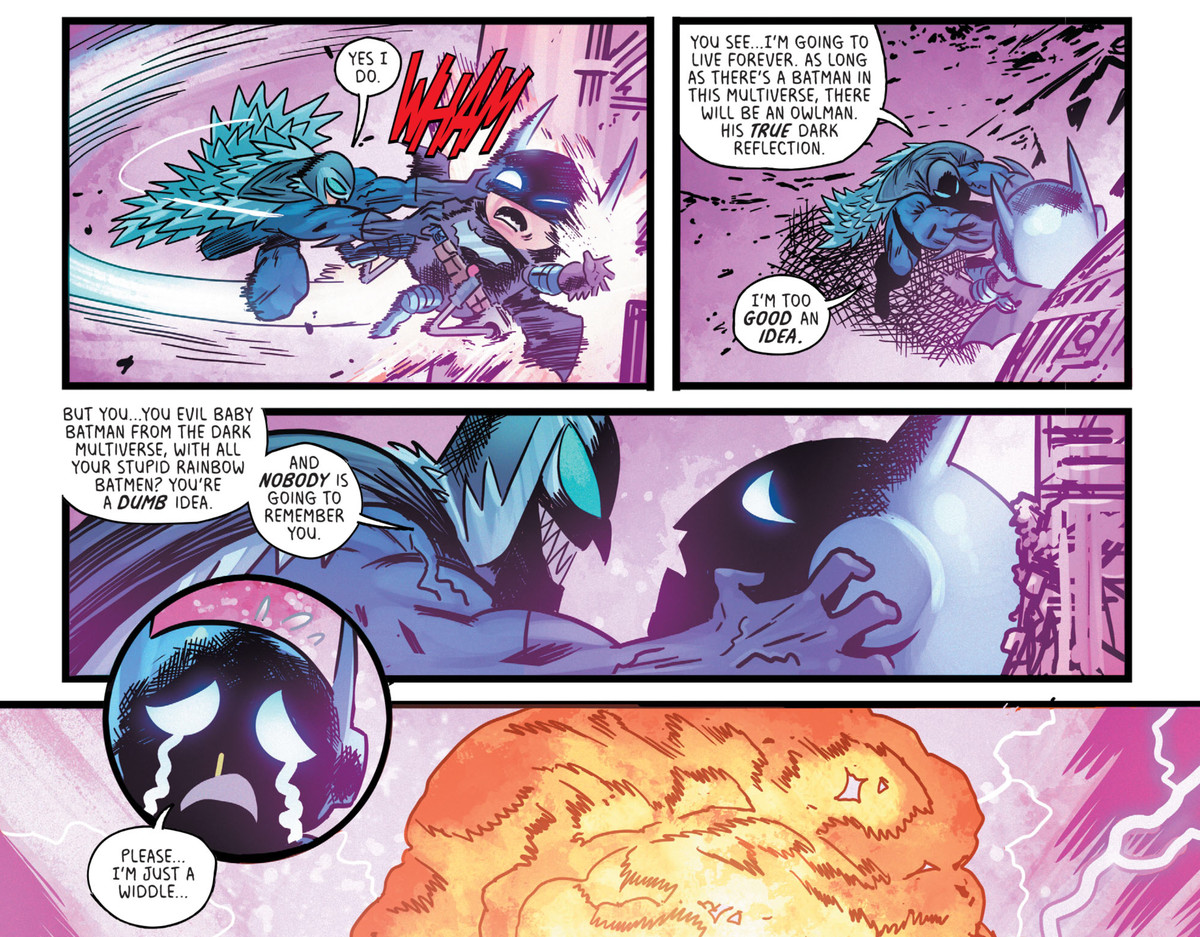 Owlman of Earth-3 è felice di rendersi conto di essere lo specchio oscuro originale di Batman, mentre fa esplodere un vero idiota di un Batman Chibi malvagio, che protesta pietosamente ed esilarante