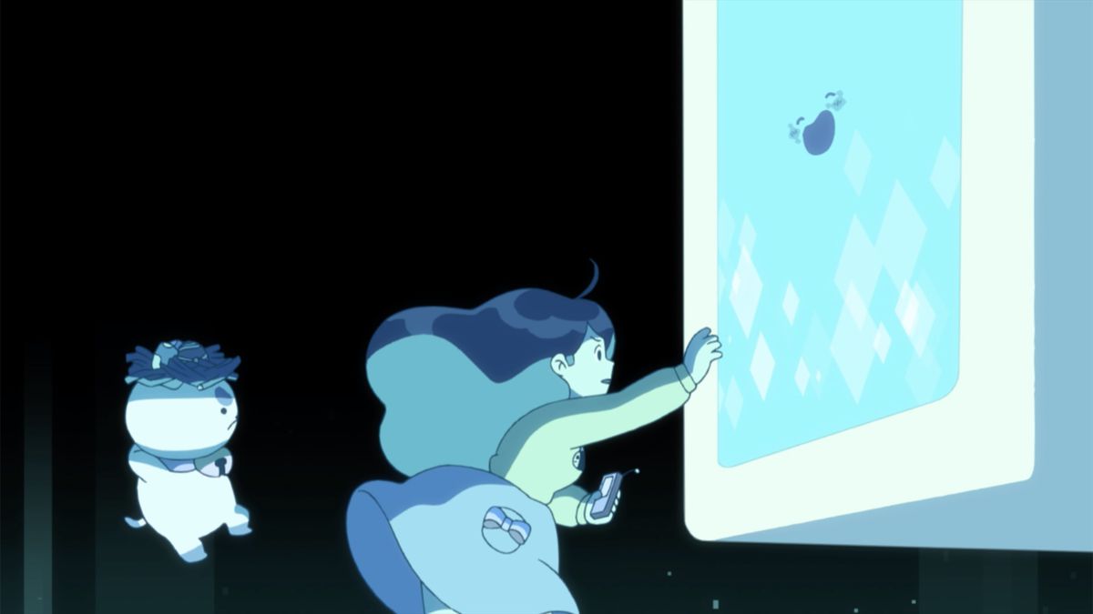 ape e pupazzo ricevono incarichi di lavoro da un misterioso computer robotico blu brillante