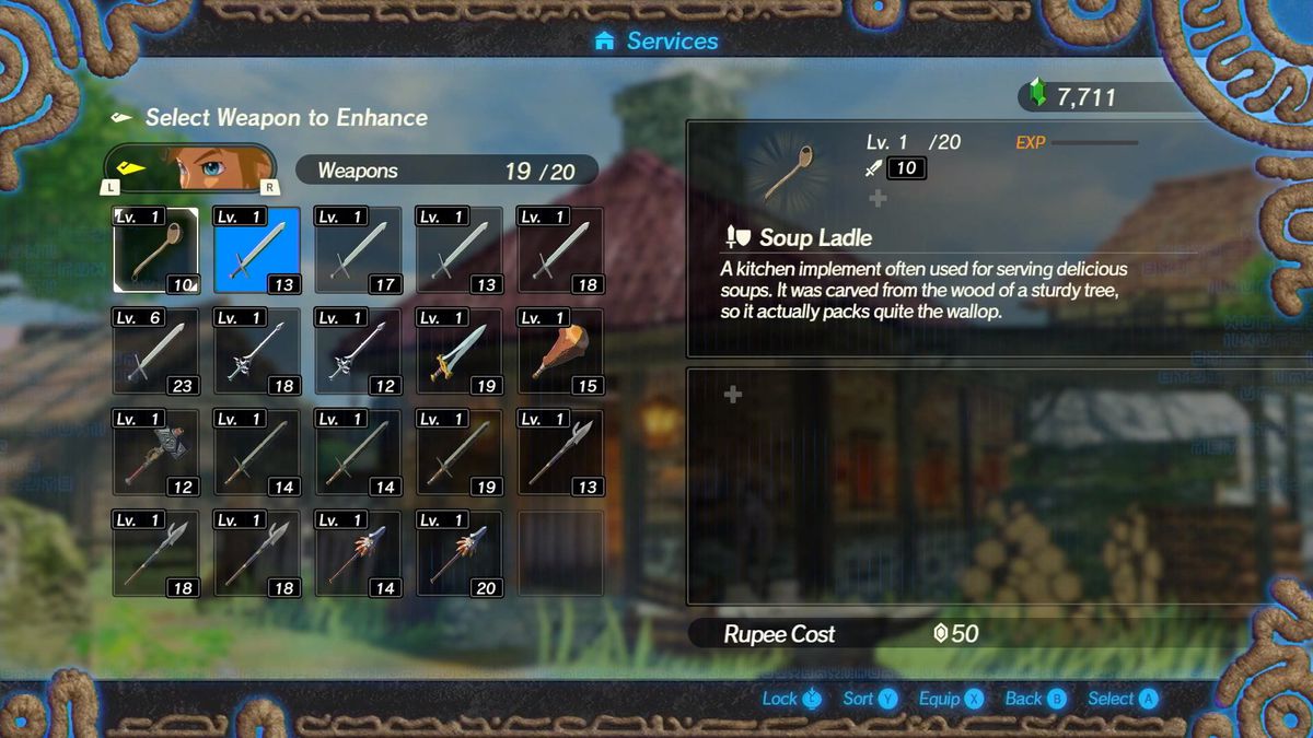 Una schermata delle armi che mostra una diversa quantità di armi in Hyrule Warriors e come migliorarle