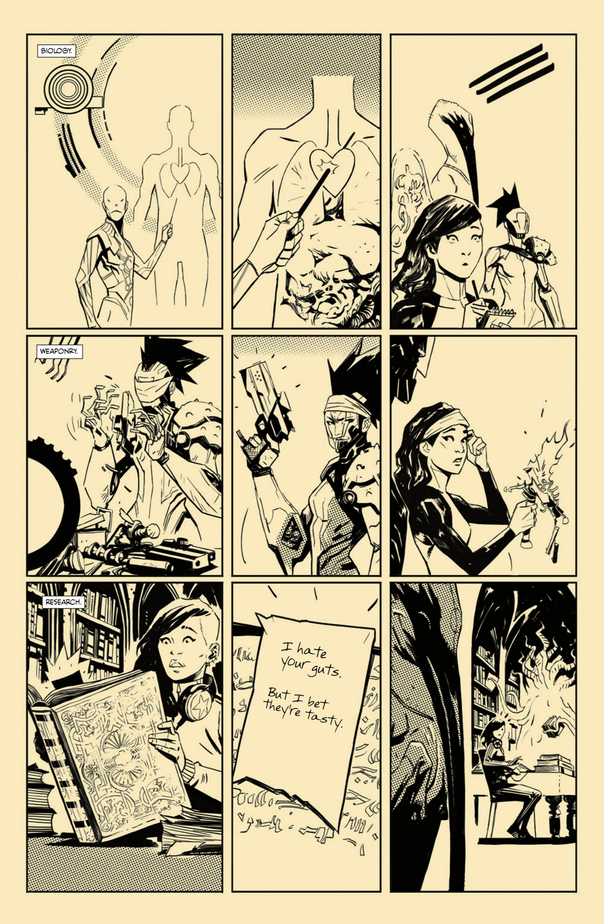 Neha studia biologia, armi e ricerca per gli assassini, come i suoi compagni studenti, un tipo di marine spaziale, uno strano tipo di gelatina galleggiante e una gigantesca gru aliena, la fanno il prepotente, in Decorum # 5, Image Comics (2020). 