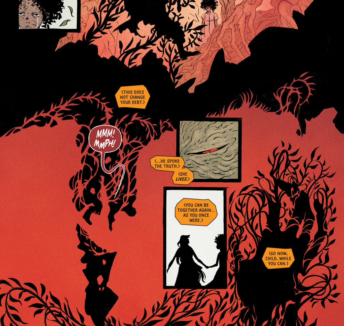 Swamp Thing trascina un assassino nella terra con viti che invadono il suo corpo mentre l'uomo urla, e Swamp Thing consiglia gentilmente alla ragazza che lo ha convocato di andare a trovare sua sorella, che ancora vive, in Legend of the Swamp Thing: Halloween Spectacular, DC Fumetti (2020). 