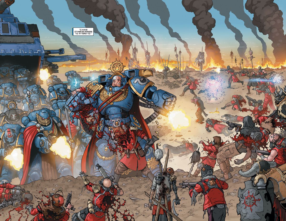 Marneus Calgar e una semi-compagnia di Ultramarines che saltano da una cannoniera Thunderhawk per strappare alcune truppe del Caos generiche, in Warhammer 40,000: Marneus Calgar # 1, Marvel Comics (2020).