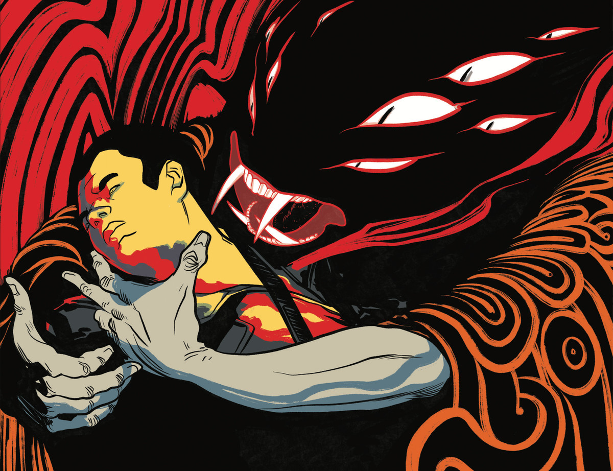 Dracula, una figura quasi informe e con molti occhi in una veste, porta le sue zanne al collo di Quincy Harker, in Dracula, Motherf ** ker !, Image Comics (2020).