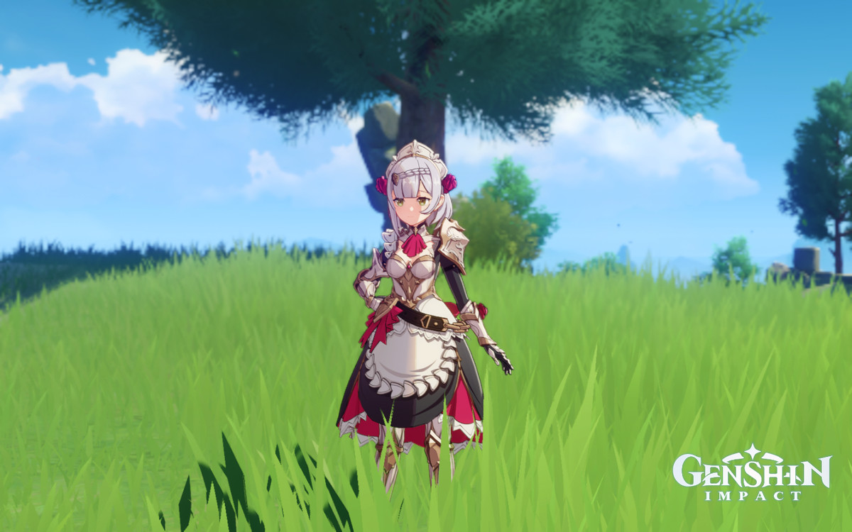 Noelle, un personaggio Geo che usa Claymore, si trova in un campo