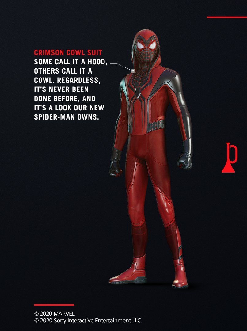 Miles Morales nel suo completo cremisi con cappuccio, rosso e nero.