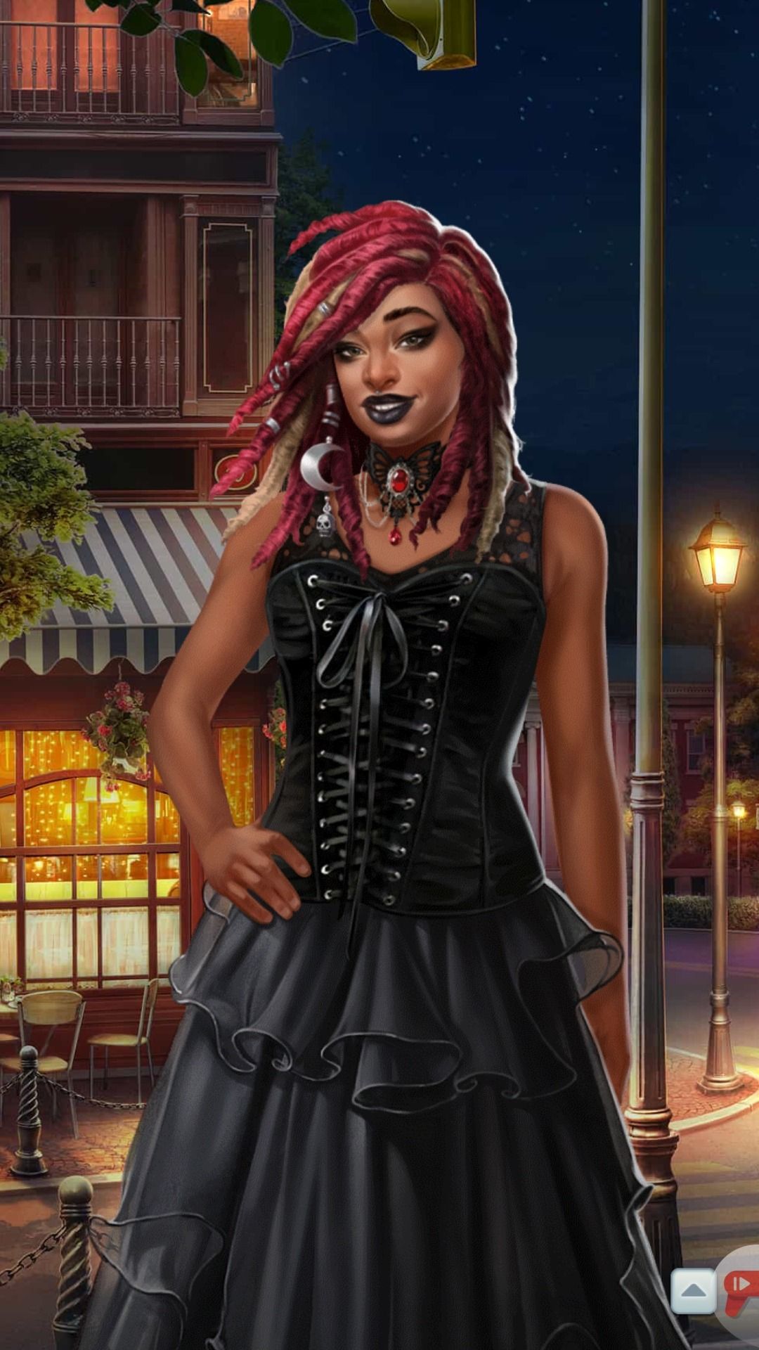 ava indossa un abito scuro da ritorno a casa