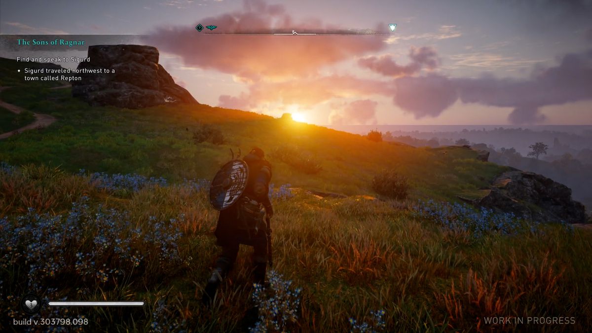 Una bellissima alba su una collina di campanule.