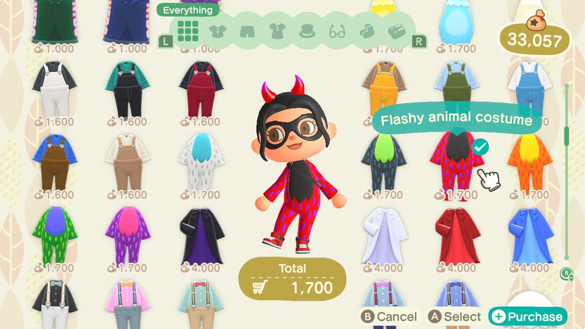 Un personaggio di Animal Crossing prova un costume da animale appariscente
