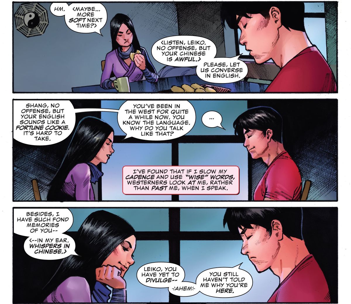 Shang-Chi si lamenta del cinese scadente di Leiko e chiede se possono parlare in inglese. Sottolinea che il suo inglese