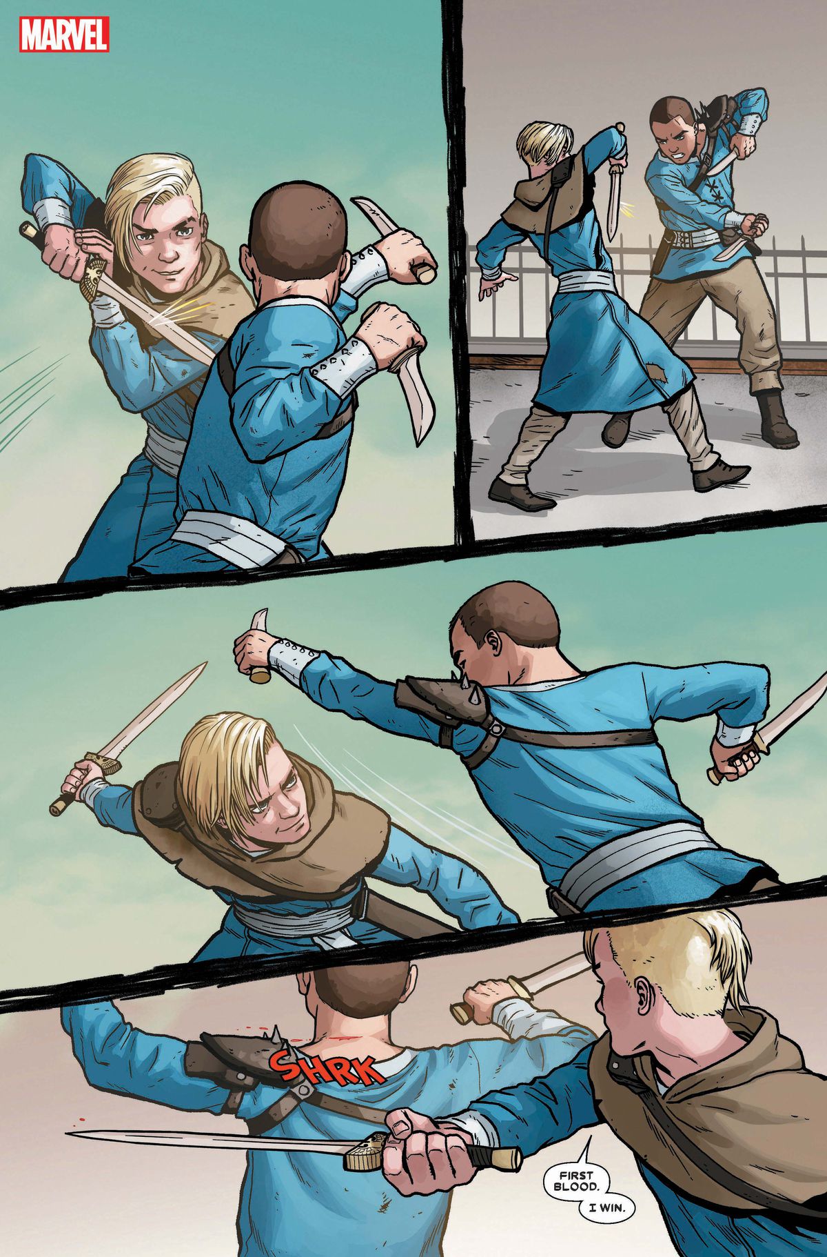 Due ragazzi litigano con i coltelli su una terrazza.