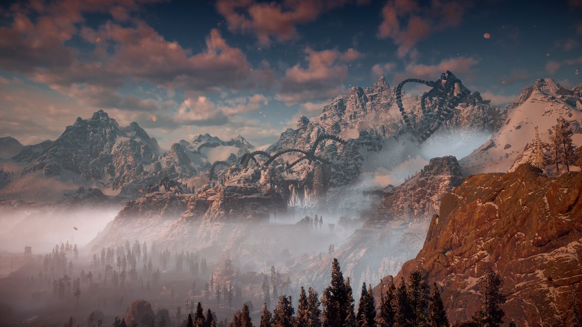 Horizon Zero Dawn - il guscio di Metal Devil sparso sulle montagne innevate