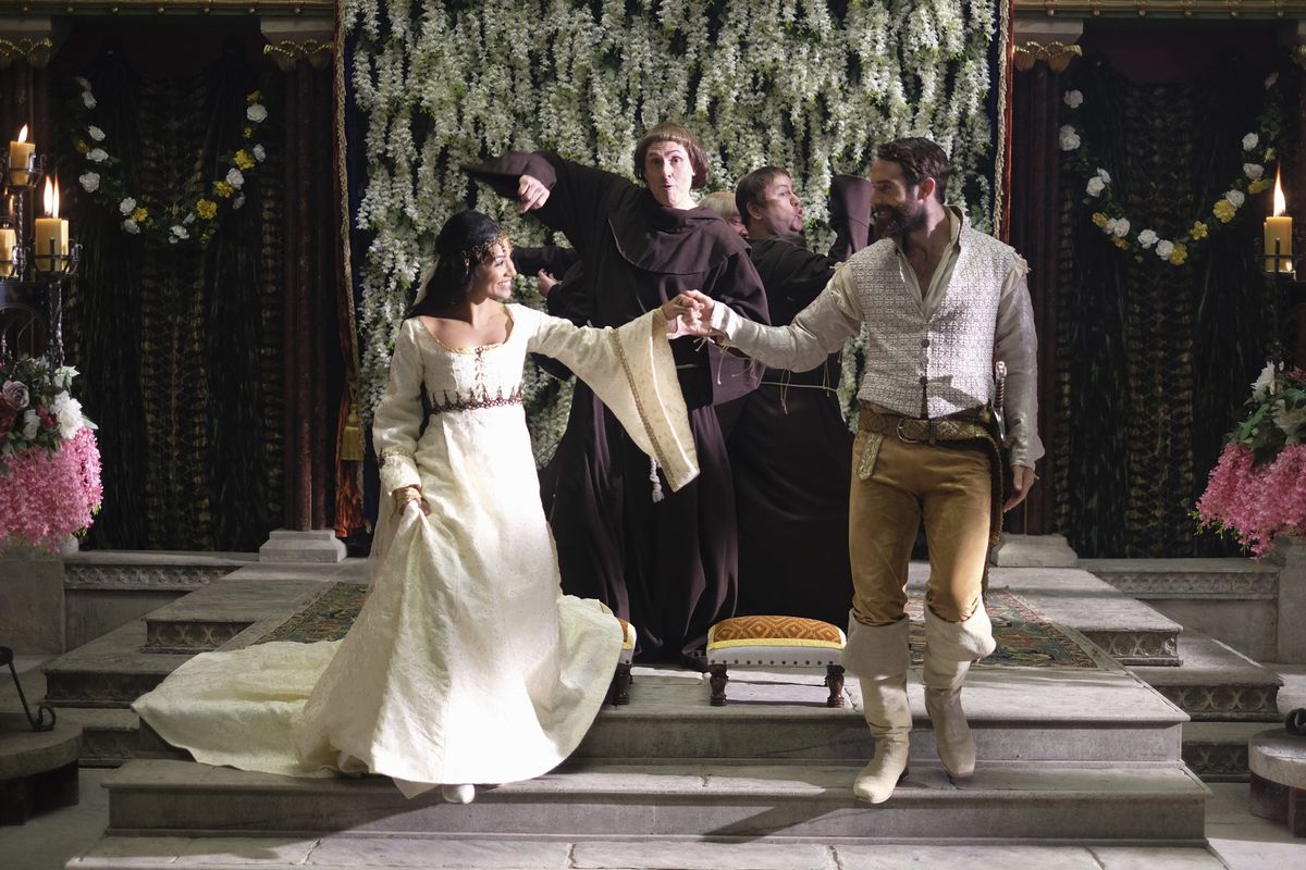 Characters dance and sing in Galavant, with “Weird” Al Yankovic as a monk singing behind them