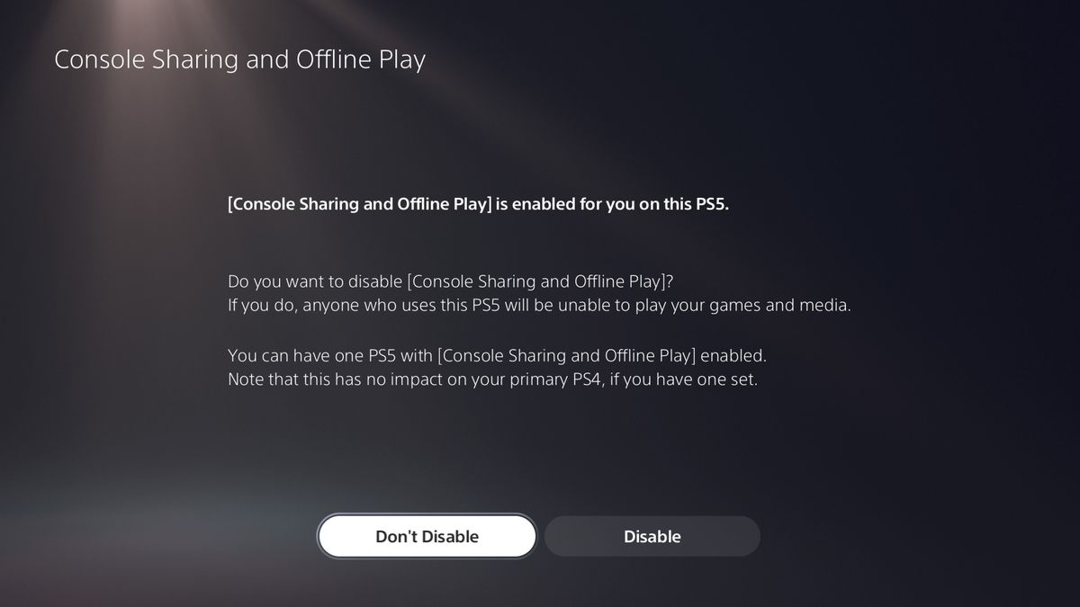 Schermata delle opzioni di condivisione della console e riproduzione offline di PlayStation 5