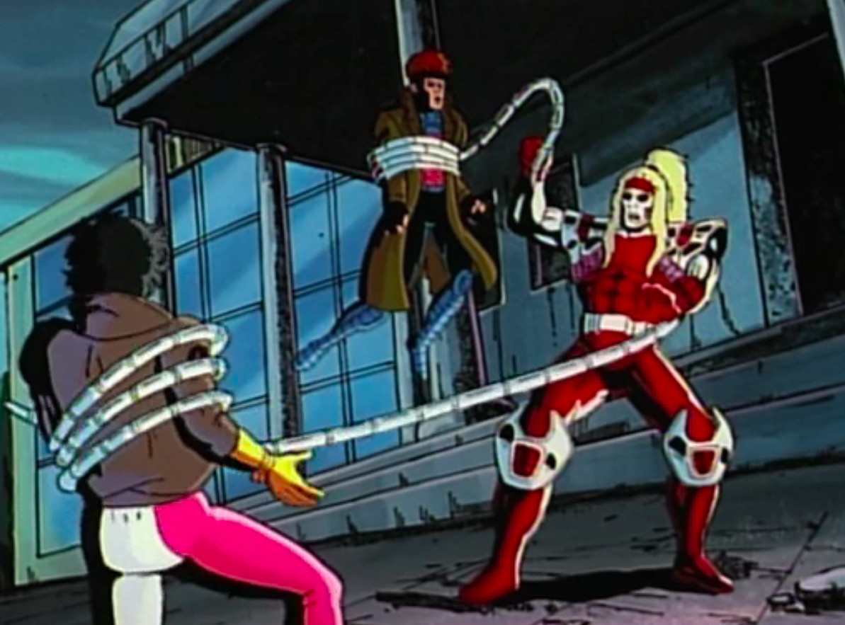 Omega Red grabs Gambit and Jubilee with his tentacles in Red Dawn: X-men the animated series