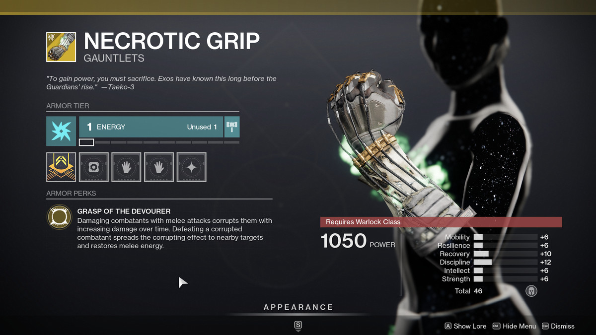 Impugnatura necrotica Armatura esotica Destiny 2