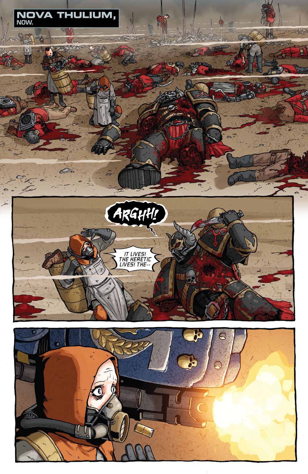 Una pagina che mostra un campo disseminato di cadaveri di Chaos Space Marines