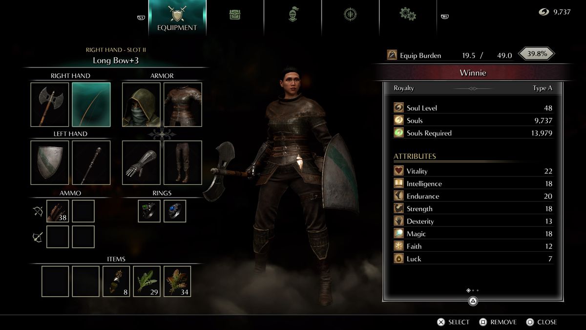 Una schermata del menu che mostra il personaggio del giocatore in Demon's Souls (PS5)