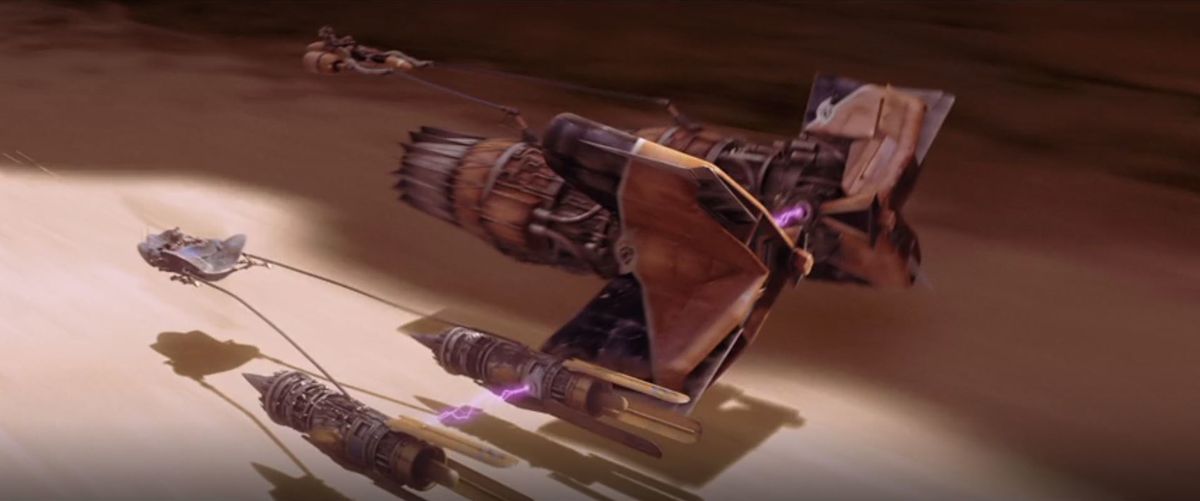 Due podracers commerciano vernice in uno stretto canyon su Tatooine.