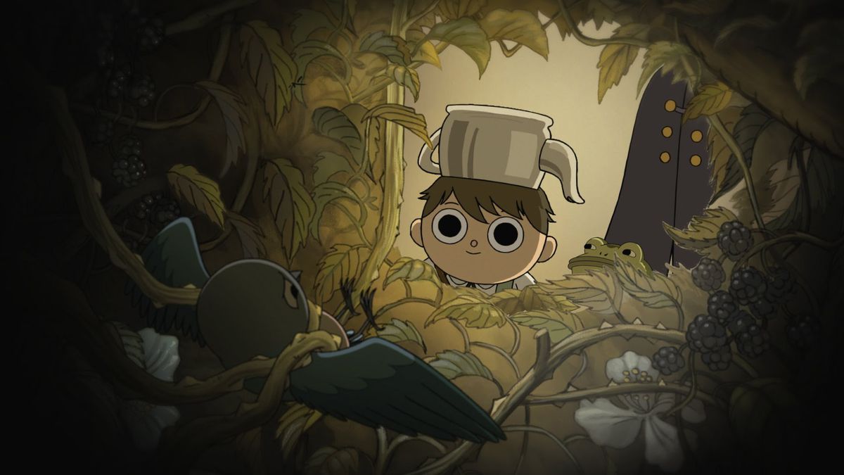 Greg in Over the Garden Wall peers into the inside of a dark bush where a bird is trapped