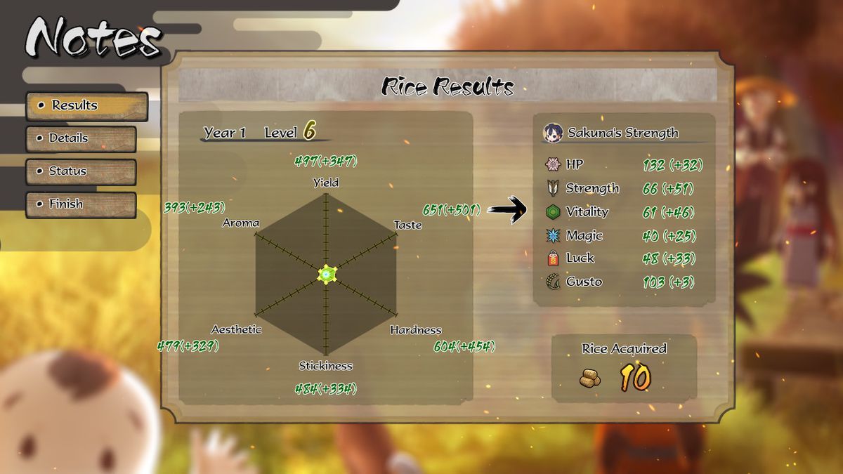 Uno dei menu di Sakuna: Of Rice and Ruin mostra una ripartizione di tutti i modi in cui il riso può crescere