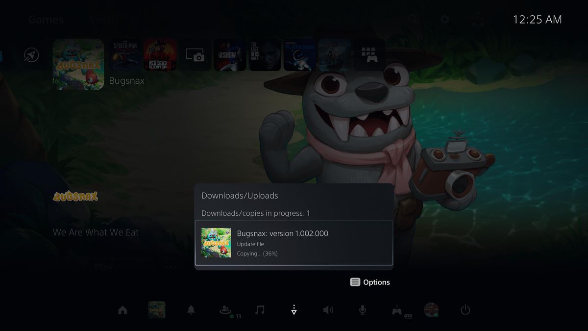 il collegamento Download / Uploads nel Centro di controllo PS5, che mostra un'installazione di Bugsnax in corso