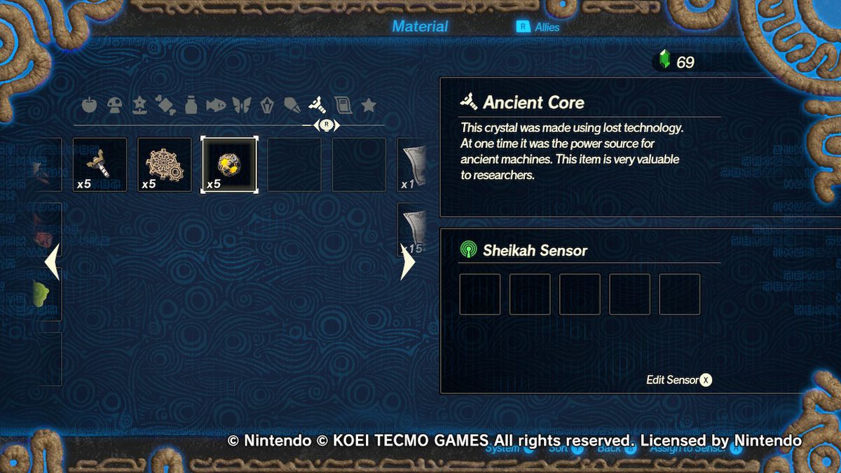 Il menu dei materiali in Hyrule Warriors: Age of Calamity