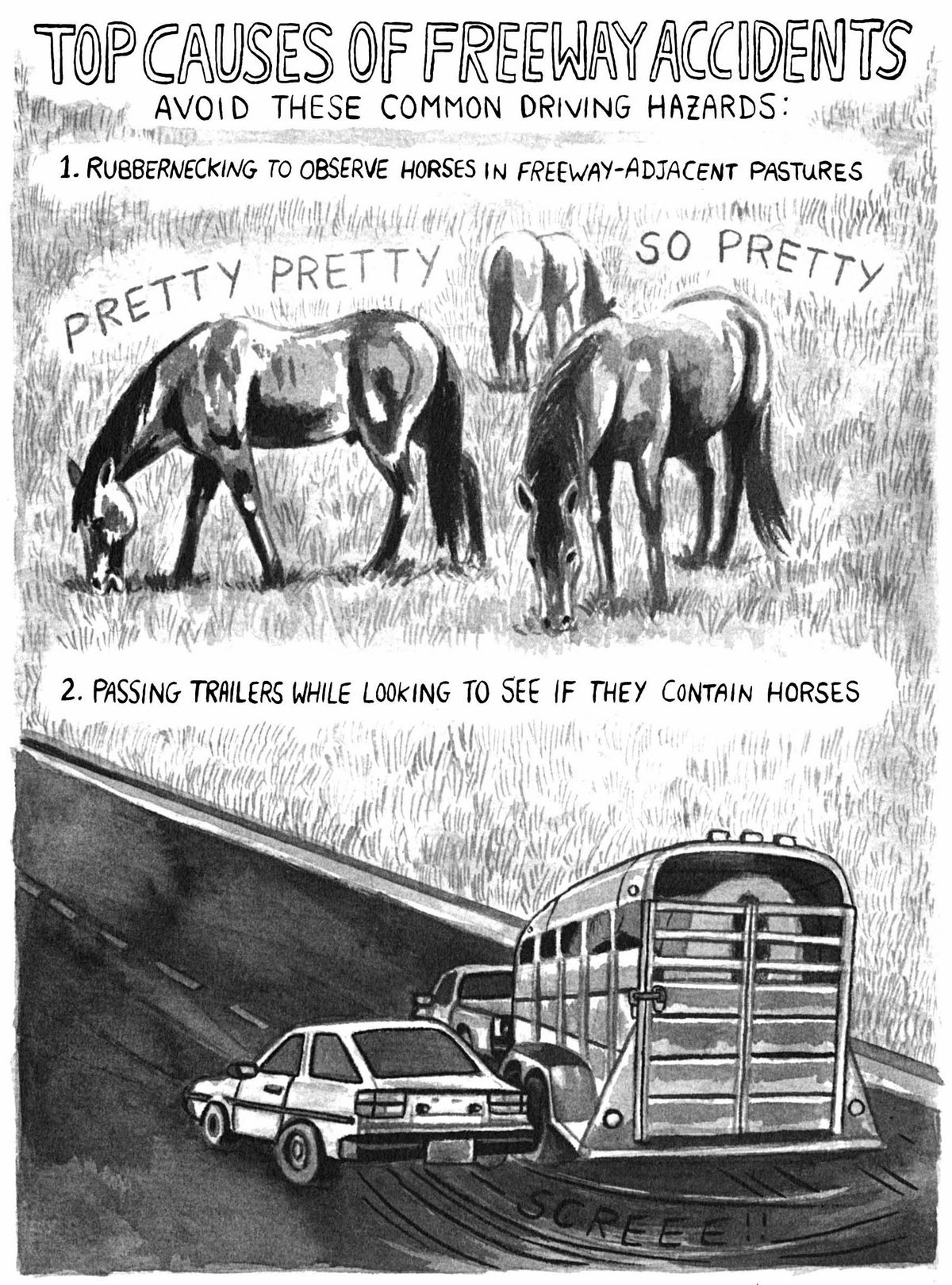 PRINCIPALI CAUSE DI INCIDENTI IN AUTOSTRADA.  Evita questi comuni pericoli di guida: 1. Controllo della gomma per osservare i cavalli nei pascoli adiacenti all'autostrada (abbastanza carino, così carino) 2. superare i rimorchi cercando di vedere se contengono cavalli (stridore di pneumatici).