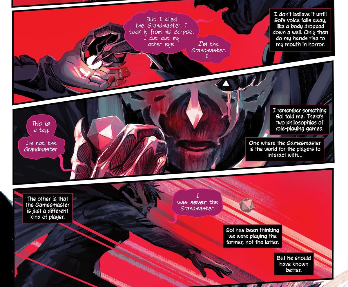 Mentre il loro vecchio amico si toglie un d20 dall'occhio, i personaggi di Die si rendono conto di essere tutti giocatori nel mondo che li circonda, non maestri del gioco, in Die # 12, Image Comics (2020).