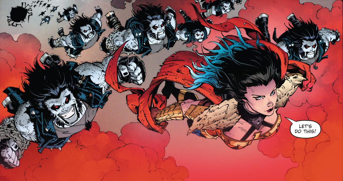 Wonder Woman salta fuori da una fortezza galleggiante con un esercito di dozzine di Lobos in Dark Nights: Death Metal # 5, DC Comics (2020).