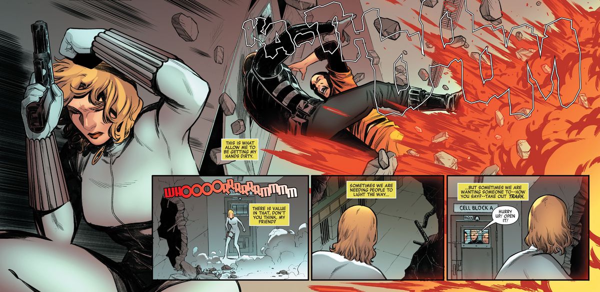 Yelena Belova, ex Vedova Nera, schiva l'esplosione che fa fuori i suoi nemici. “A volte abbiamo bisogno di persone che illuminino la strada ... ma a volte vogliamo che qualcuno lo - come dici? - porta fuori la spazzatura