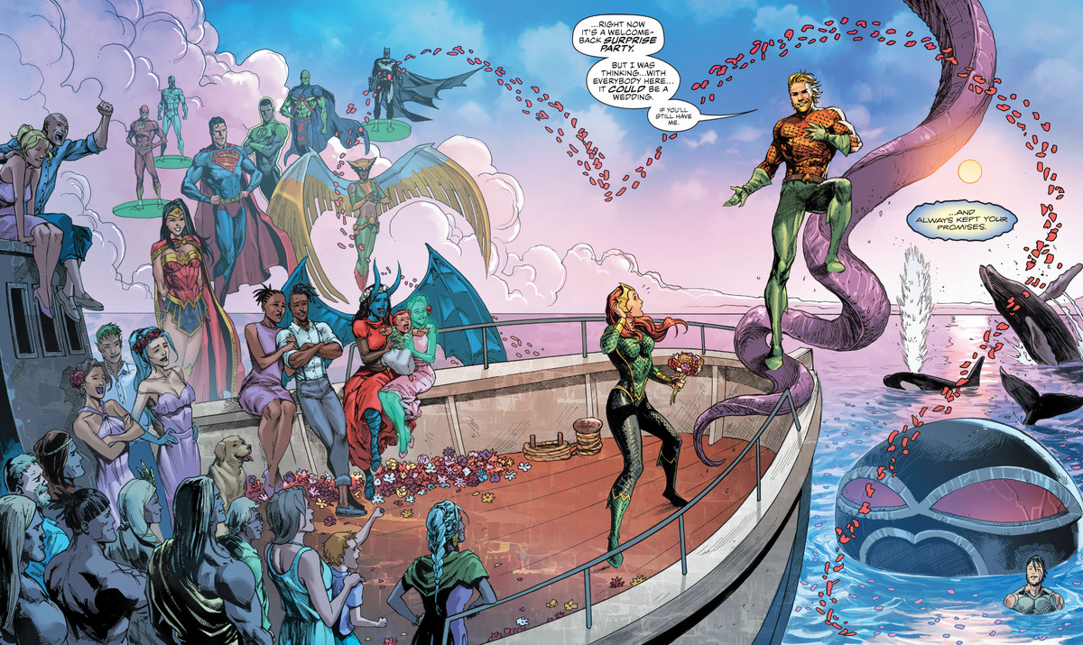 Tutti gli amici di Aquaman e Mera, così come la Justice League, un mostro tentacolare gigante e diverse balene, partecipano al matrimonio di Mera e Aquaman su una barca in mare, in Aquaman # 65, DC Comics (2020).