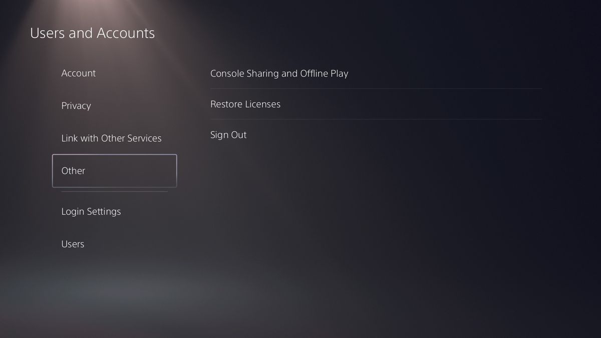 Il menu delle impostazioni Utenti e account di PlayStation 5