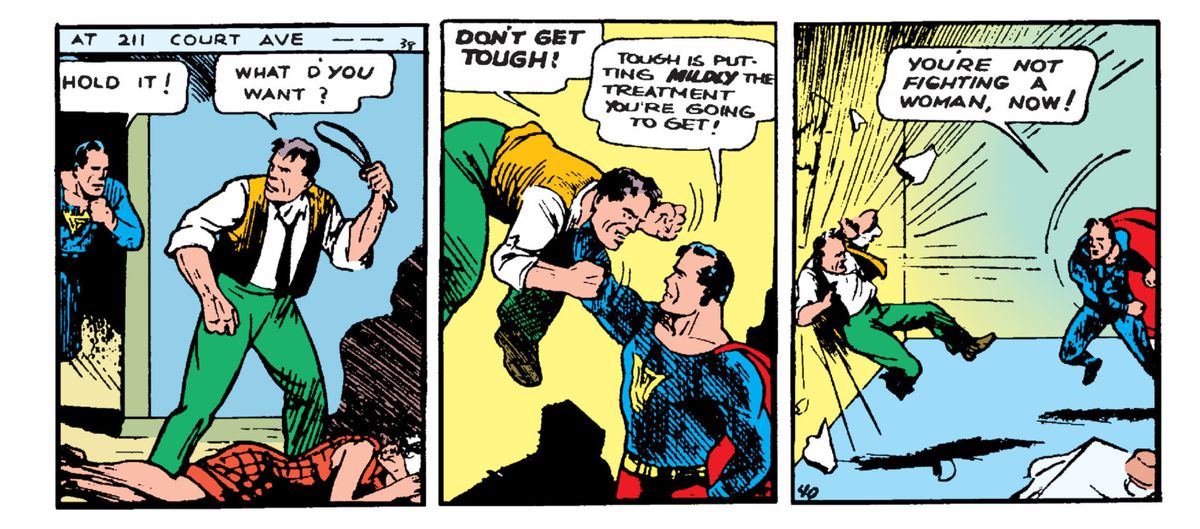 Superman impedisce a un uomo predatore di picchiare sua moglie