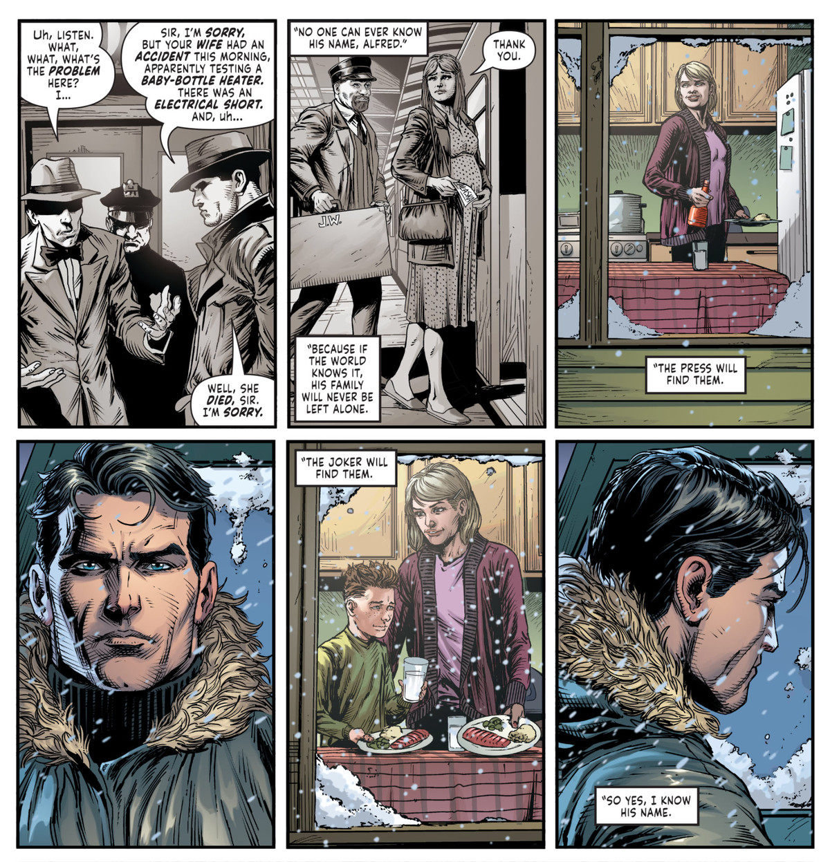 Gli agenti di polizia in passato aiutano a fingere la morte della moglie del Joker, mentre nel presente, Bruce Wayne guarda lei e suo figlio nel presente, in Three Jokers # 3, DC Comics (2020).