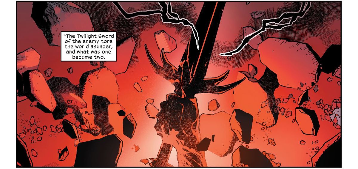La spada del crepuscolo separa Okkara in Krakoa e Arakko in X-Men # 12, Marvel Comics (2020).