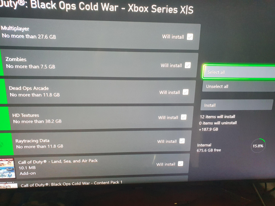 Immagine di una schermata che mostra quanto spazio sul disco rigido occupano i componenti di Call of Duty: Black Ops Cold War su Xbox Series X