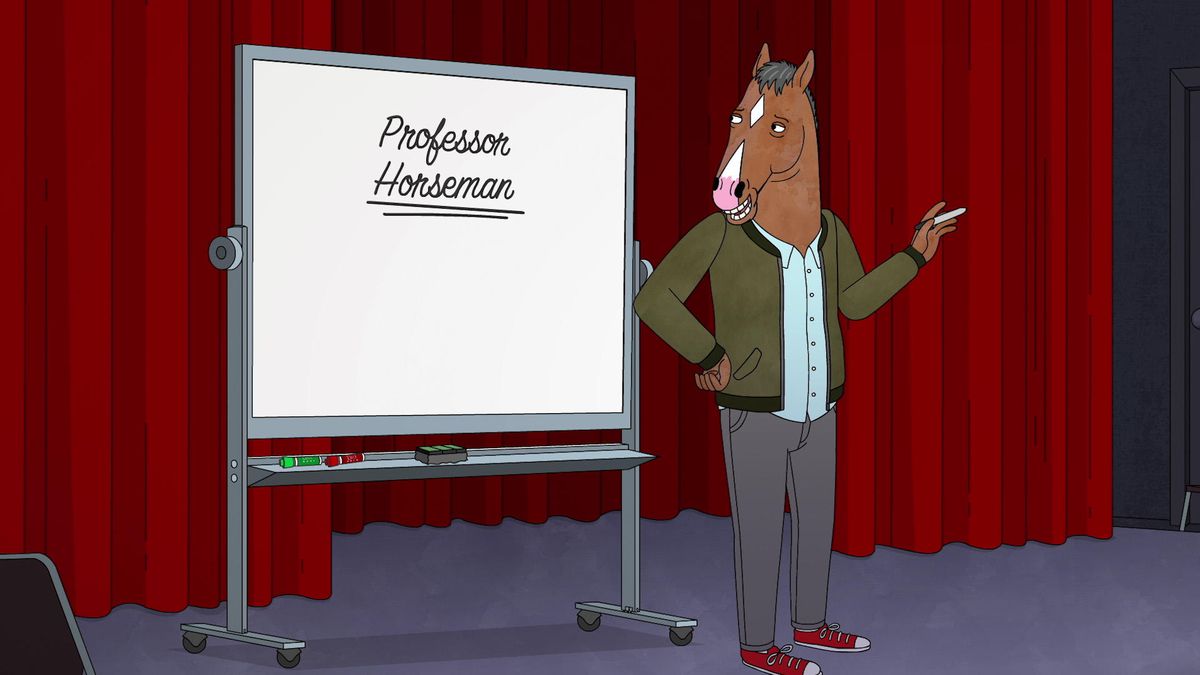 bojack davanti a una lavagna bianca con le parole 