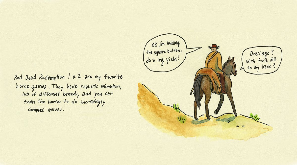 Illustrazione di fumetti di un cowboy su un cavallo in Red Dead Redemption.  