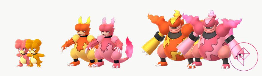 Magby, Magmar e Magmortar con le loro forme lucenti. Shiny Magby è arancione invece che rosso. Shiny Magmar e Magmortar sono rosa invece che gialli e arancioni.