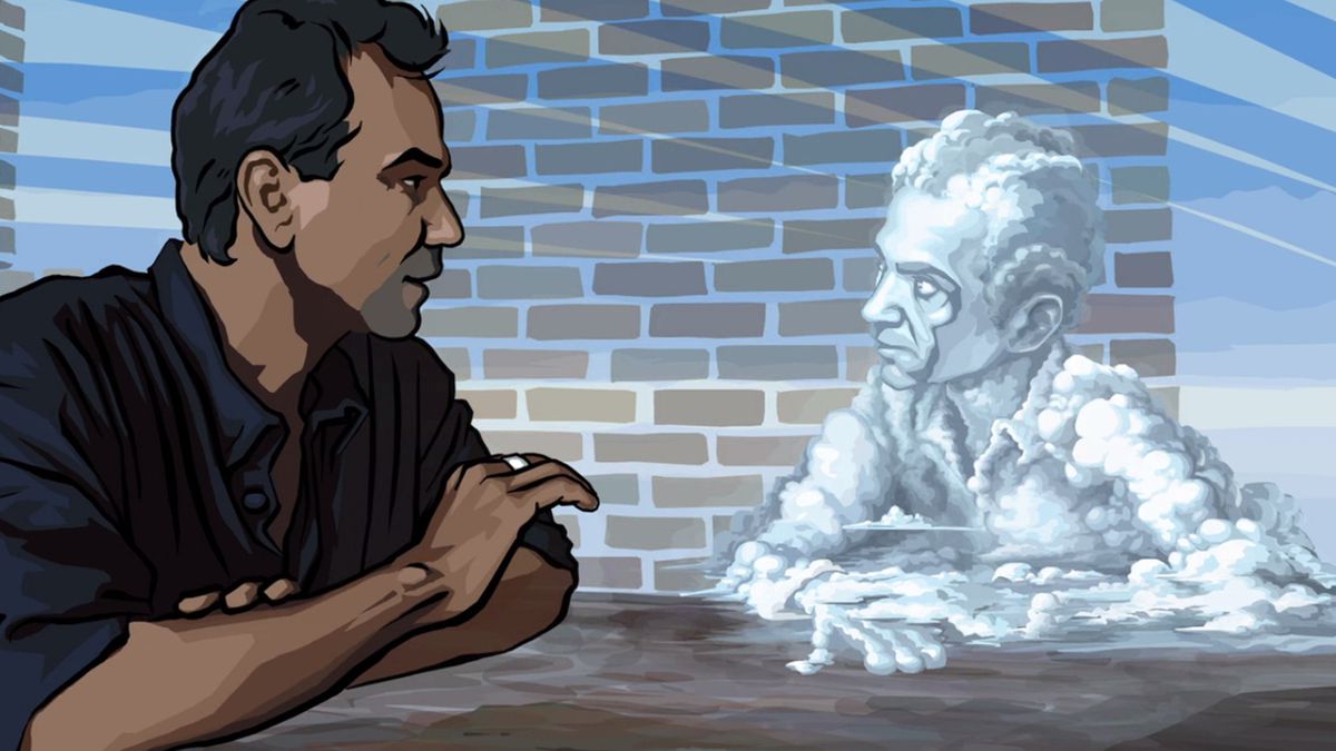 Un'immagine Rotoshopped di un uomo che parla con un secondo uomo fatto di nuvole in Waking Life