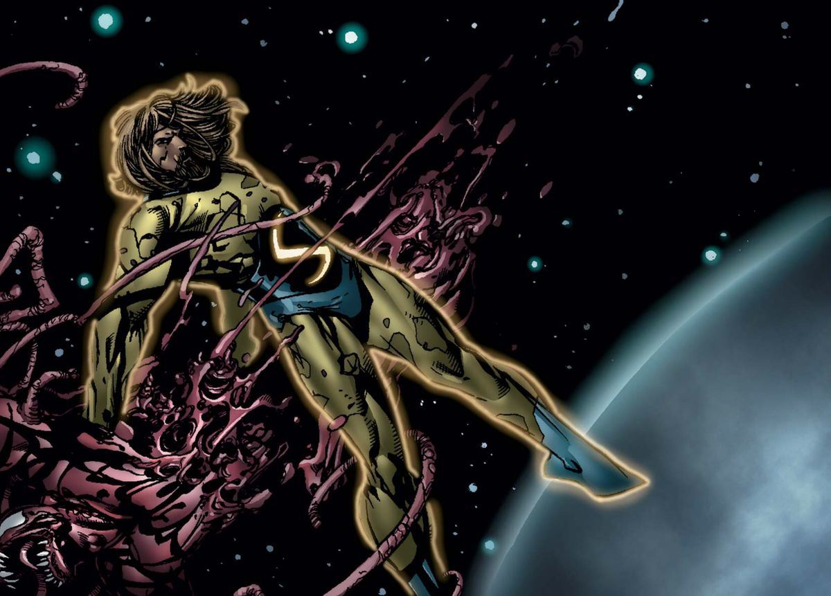 Sentry strappa a metà Carnage mentre galleggia in orbita attorno alla terra, in New Avengers # 2, Marvel Comics (2004).
