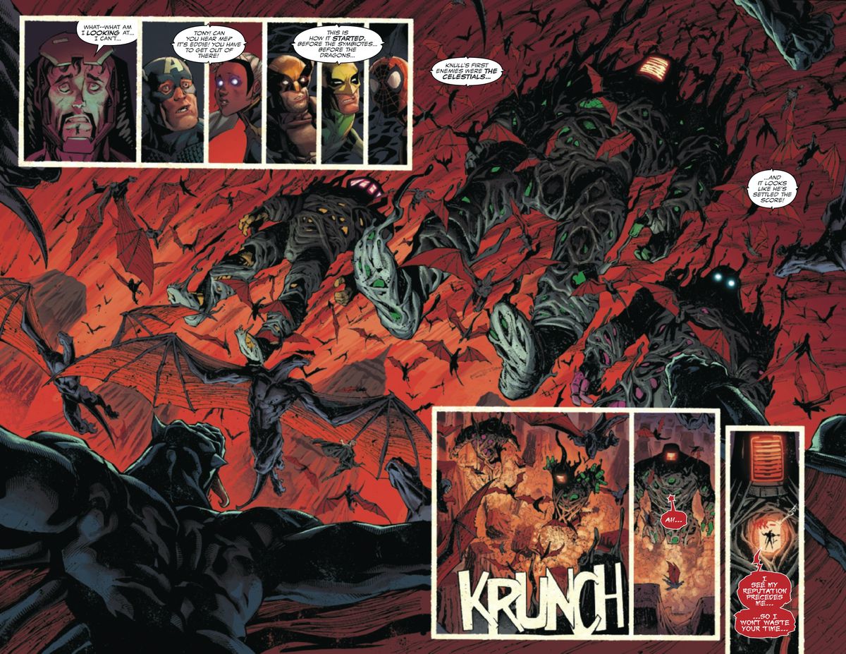 Un trio di enormi Celestiali uniti al simbionte scende a New York City in mezzo a uno sciame di draghi simbionti mentre i Vendicatori e gli X-Men guardano sgomenti, in King in Black # 1, Marvel Comics (2020).