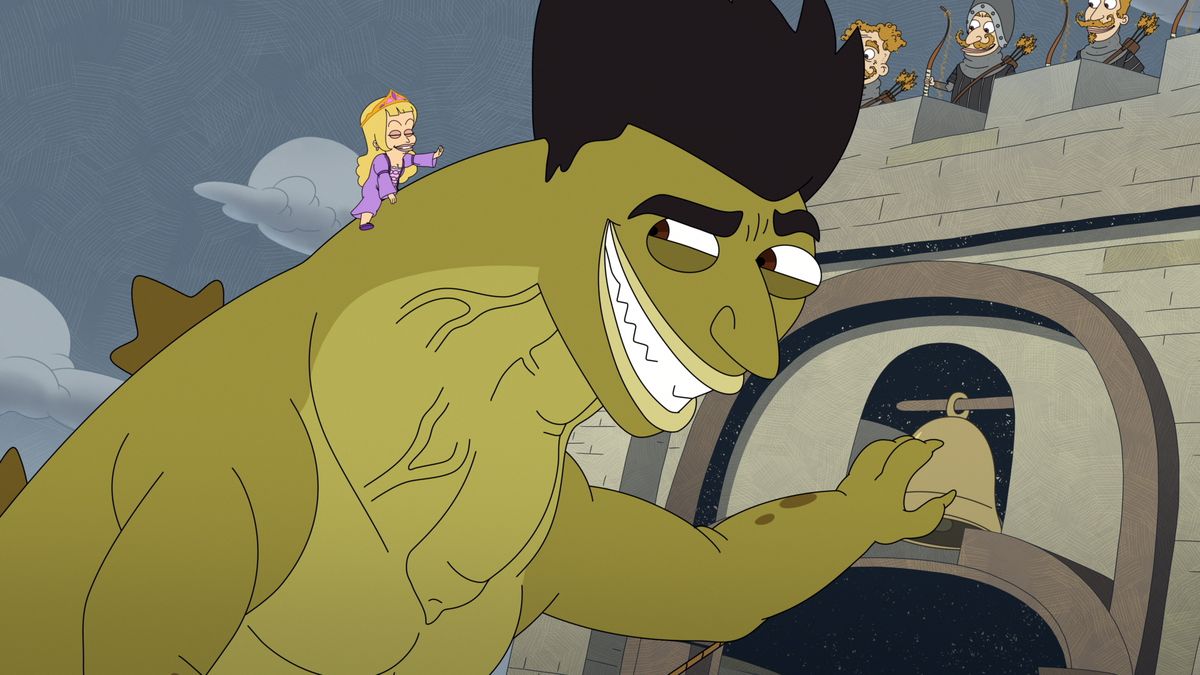 Jayzilla incombe su un muro del castello, raggiungendo la sua campana, mentre la sua ragazza lo guida da sopra la schiena nella stagione 4 di Big Mouth