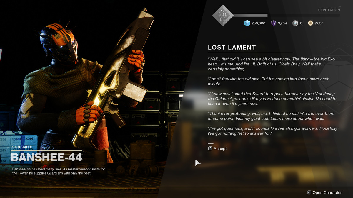 Destiny 2 Banshee-44 si rende conto di essere Clovis