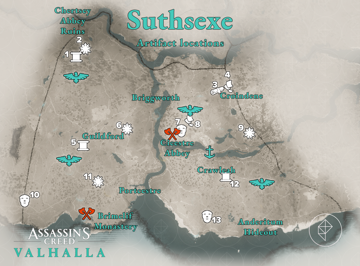 Mappa delle posizioni dei manufatti del Suthsexe